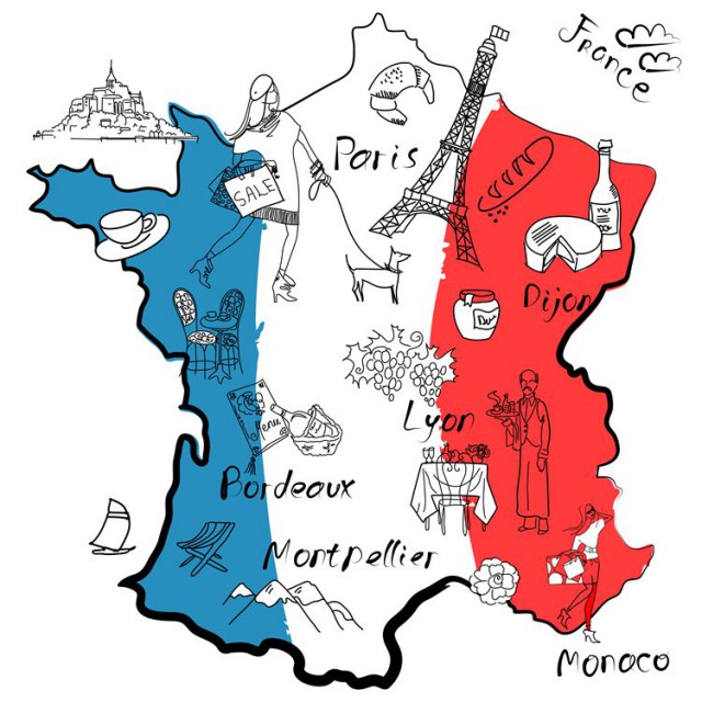 フランスのトリコロールカラーの地図のイラスト